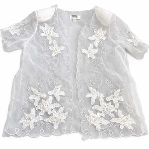 La Rea Collection Beaded Linen Sheer Jacket XL White Floral Pearl Overlay Formal